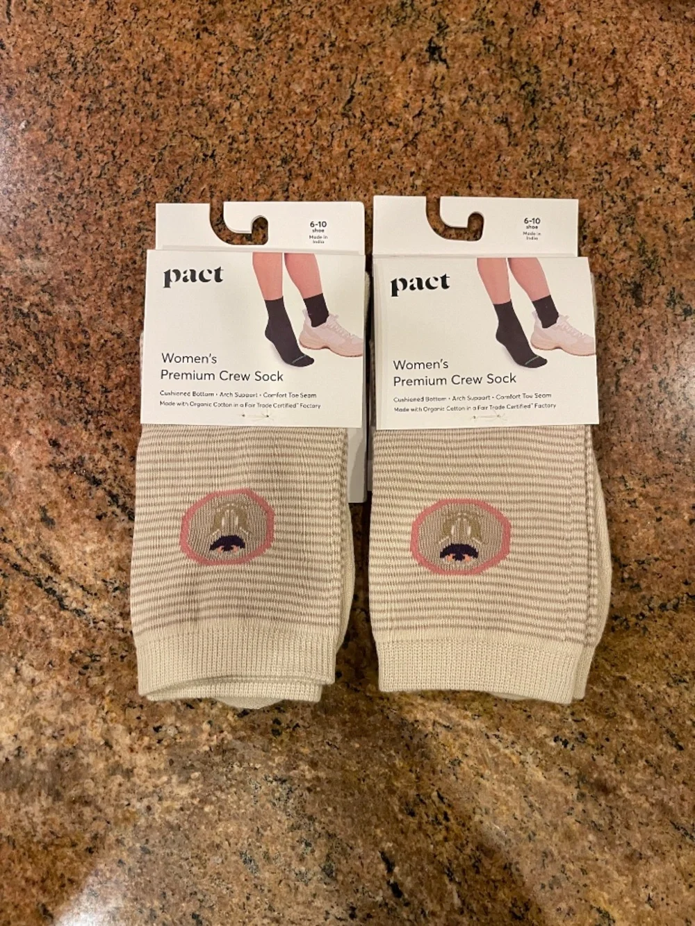 Pact Tulip Pin Stripe  Premium Crew Socks Two Pair NWT!
